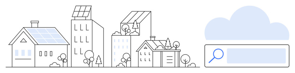 Energy-efficient urban landscape with solar panels on rooftops, trees, and search bar. Ideal for eco-living, energy innovation, community planning, smart cities, green energy, technology simple