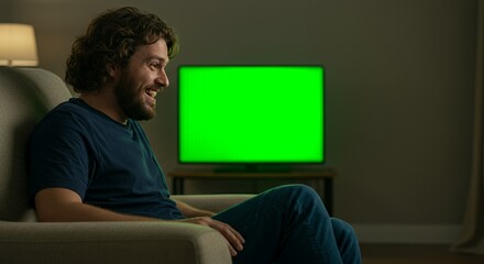 Relaxed man smiles while watching a vibrant green screen on television in his living room at night.