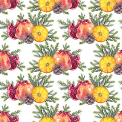 Watercolor seamless pattern with Christmas tree branch with pomegranate orange and pine cone on white background. Forest sticker or card. Hand-drawn art for New Year celebration wrapping or wallpaper