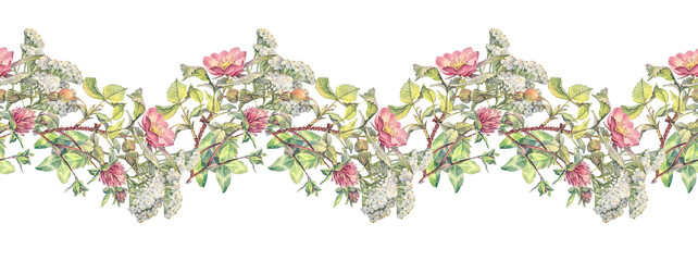 Watercolor seamless border with bouquet yarrow clover and dog rose on white background. Flower milfoil for card wedding invite. Summer or spring rim for wallpaper or wrapping. Hand-drawn element