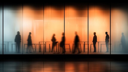 Fototapeta premium Silhouetted Figures Walking by a Glass Wall in Soft Lighting