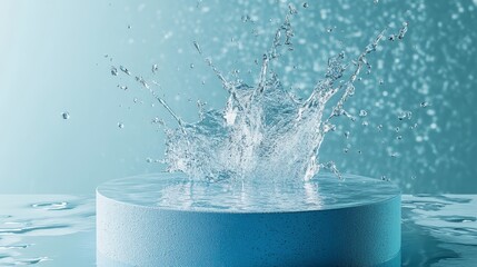Light blue podium, water on the surface of the podium, water splashes