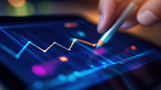 Hand using stylus on tablet with financial data