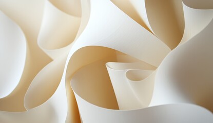 Abstract swirls of pale cream paper.  Close-up view of overlapping, curved sheets.  Soft, flowing forms create a textured, almost organic pattern
