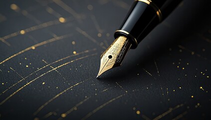 Close-up of fountain pen nib on dark paper with gold design