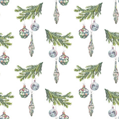 Watercolor seamless pattern with hand-drawn silver shiny decoration balls and bicycle with Christmas tree branch on white background. Toy for New Year party celebration. Wallpaper and wrapping