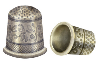 Two antique thimbles on a white background. Watercolor illustration of old thimbles for sewing. For the design of sewing workshops, sewing blogs, master classes, haberdashery, stickers, postcards, etc
