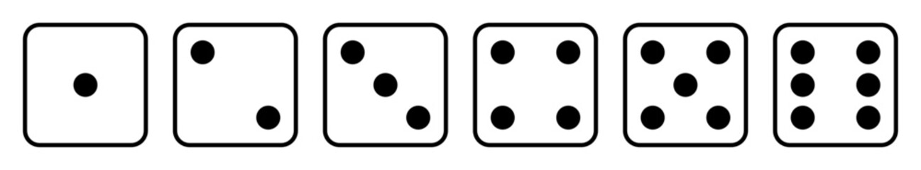 Dice icon set with all six faces in black color in outline style. Ludo game dice symbols in outline style. Set of six sides of a dice icon in black color isolated on a white background