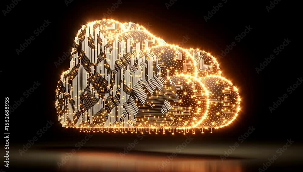 Poster digital, glowing cloud with circuit lines on a black background, a symbol of big data and cloud comp