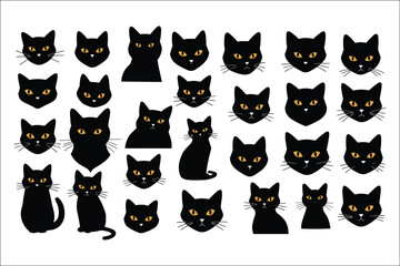 Cute Black Cat Silhouettes Collection for Design Projects, A set of various black cat silhouettes, perfect for design projects like cards, posters, invitations, or website backgrounds.