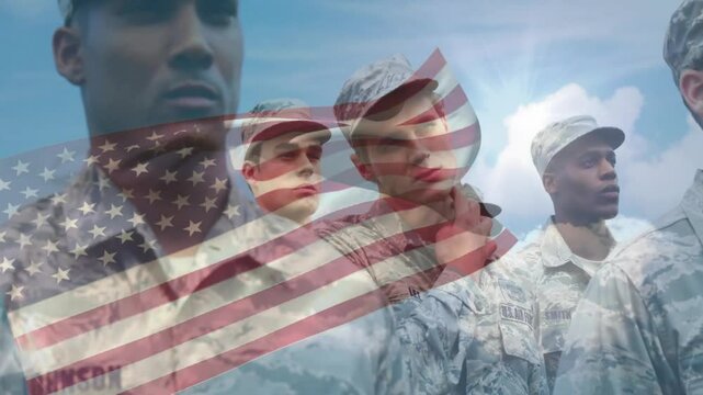 Camera pulling back over military service members saluting with flag overlay waving showing unity