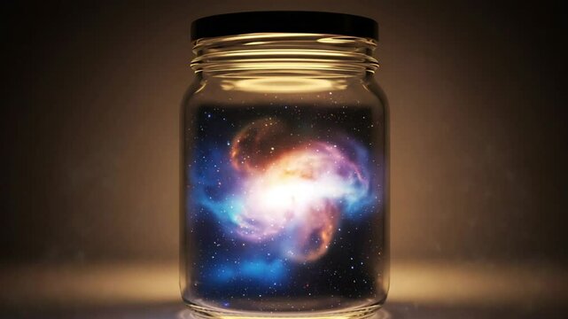 Universe captured inside a jar sitting on a surface; conceptual use
