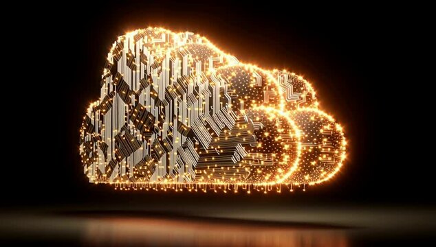 Digital, glowing cloud with circuit lines on a black background, a symbol of big data and cloud computing technology for online services or connectivity network concepts Generative AI