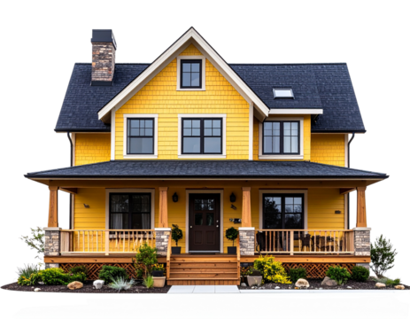  Modern Yellow House with Gabled Roof, Chimney, and Skylight, isolated on transparent background PNG