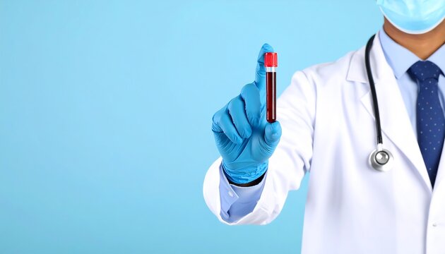 Doctor in mask holding blood sample vial with medical analysis against blue background.