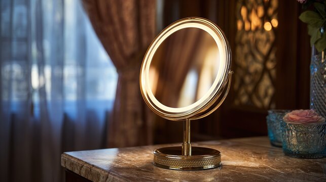 Lit vanity mirror on a marble dresser with blurred bedroom backdrop, product shot