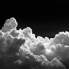 Soft cotton clouds rendered in grayscale on pure black sky background,