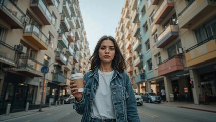 Young Woman Walking City Street Holding Coffee, Urban Lifestyle Photo