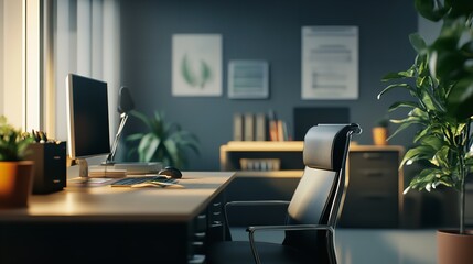 Fototapeta premium Modern office desk setup with computer chair and plants for remote work and productivity boost
