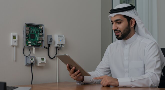 Focused Arab man in traditional clothing uses a tablet to monitor smart home technology.