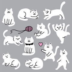 Various actions of cats hand drawn, curled up, sleeping, stretching, chasing yarn, waving
