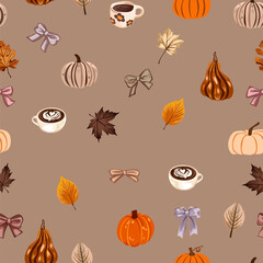 Cozy Autumn Seamless Pattern with Pumpkins, Coffee Cups, Leaves, and Bows