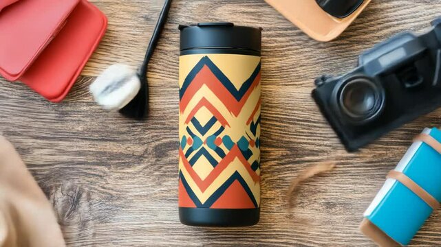 Travel tumbler and accessories on wooden background, top-down view