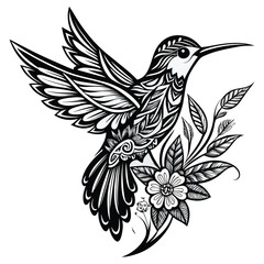 Intricate black and white hummingbird tattoo design with floral elements and ornamental patterns