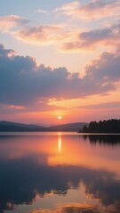 Obraz premium Sunset Over a Calm Lake with Reflective Waters and Distant Trees