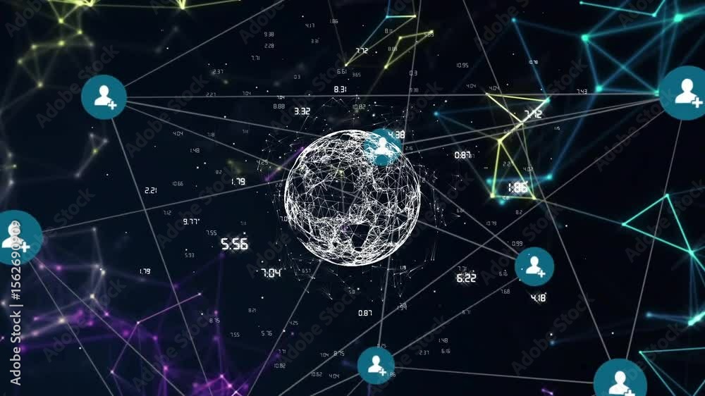 Aufkleber glowing wireframe globe materializing while user-add icons orbit pulse consolidating data