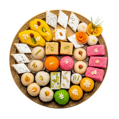 Assortment of colorful indian sweets and mithai arranged on a decorative platter