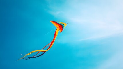 "Ascending Freedom: A Minimalist, Colorful Kite Soaring High Against a Vast, Clear Blue Sky"