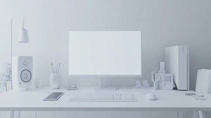 Obraz premium White aesthetic desktop computer setup minimalist workspace clean desk home office technology modern design