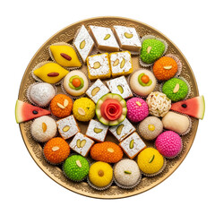 Assortment of colorful indian sweets and desserts arranged on a golden platter