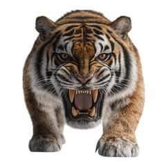 Obraz premium Front view of a gray saber-toothed tiger isolated on a solid white background, realistic stock photo