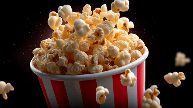 Appetizing Scene of Freshly Popped Popcorn in Striped Bucket with Flying Kernels at Cinema, Evoking Excitement and Anticipation