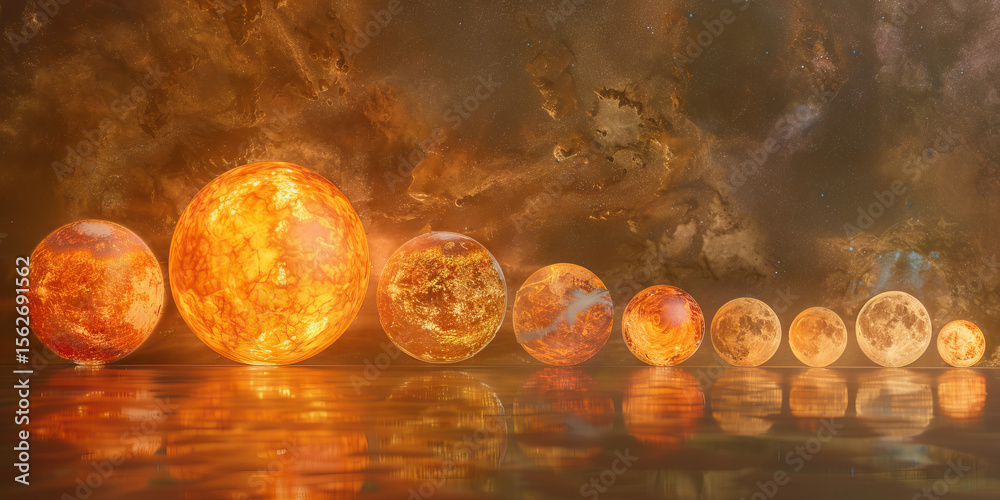 Wall mural digital rendering of eight celestial bodies decreasing in size