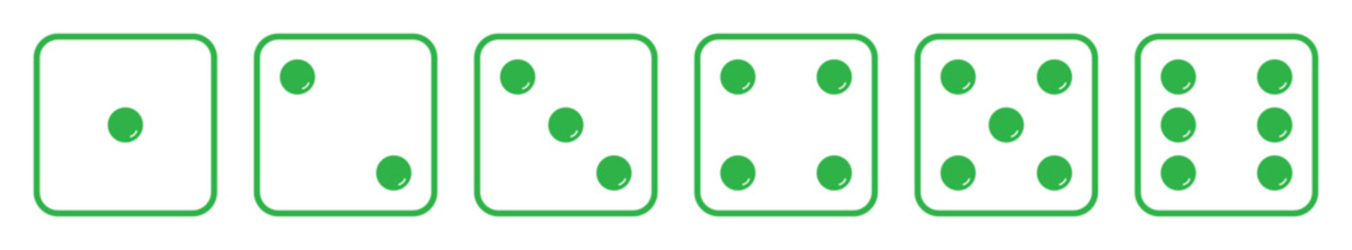 Glossy dice icon set with all six faces in green color in outline style. Glossy ludo game dice symbols in outline style. Set of six sides of a glossy dice icon in green color