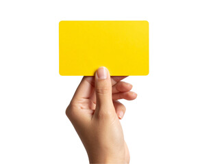 Female Hand Holding Bright Yellow Card with Soft Shadows, front view, isolated on transparent background PNG