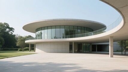 Obraz premium Modern Circular Building with Glass Facade and Cantilevered Roof