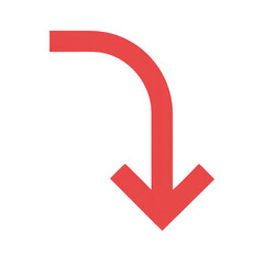 Red curved arrow pointing down isolated on transparent background