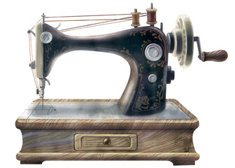 Watercolor vintage sewing machine. Realistic painting isolated on white background. For workshops, haberdashery, master classes, sewing blog or website design. Printing postcards or stickers. High
