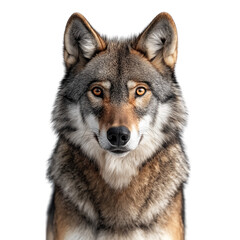 Obraz premium Front view of a gray wolf isolated on a solid white background in realistic stock photograph style