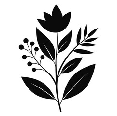 Elegant black silhouette of a stylized botanical arrangement featuring a tulip flower and berries on a white background