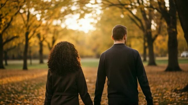 Young couple walking hand in hand through a sunlit autumn park, viewed from behind with warm golden leaves and romantic peaceful atmosphere in soft focus