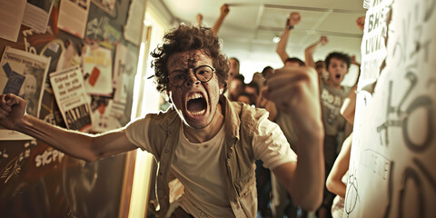 Young Man Shouting Amidst a Crowd