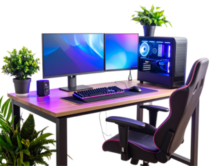  Futuristic Neon Gaming Setup with RGB Lights and Glowing Plants in Modern Tech Workspace, Isolated PNG