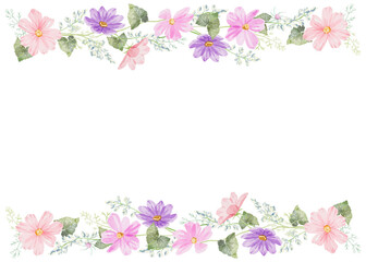 Watercolor top and down frame with purple and pink cosmea flowers. Hand-drawn watercolor floral frame. Perfect for wedding invitations, botanical prints, minimalist home decor, romantic greeting cards