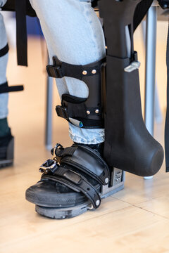 Patient wearing innovative exoskeleton boot for rehabilitation
