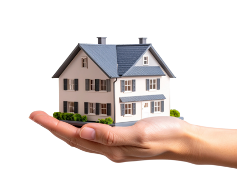  Close-Up of Hand Holding Miniature House Model in Modern Neighborhood Outdoor Setting, isolated on transparent background PNG - Powered by Adobe